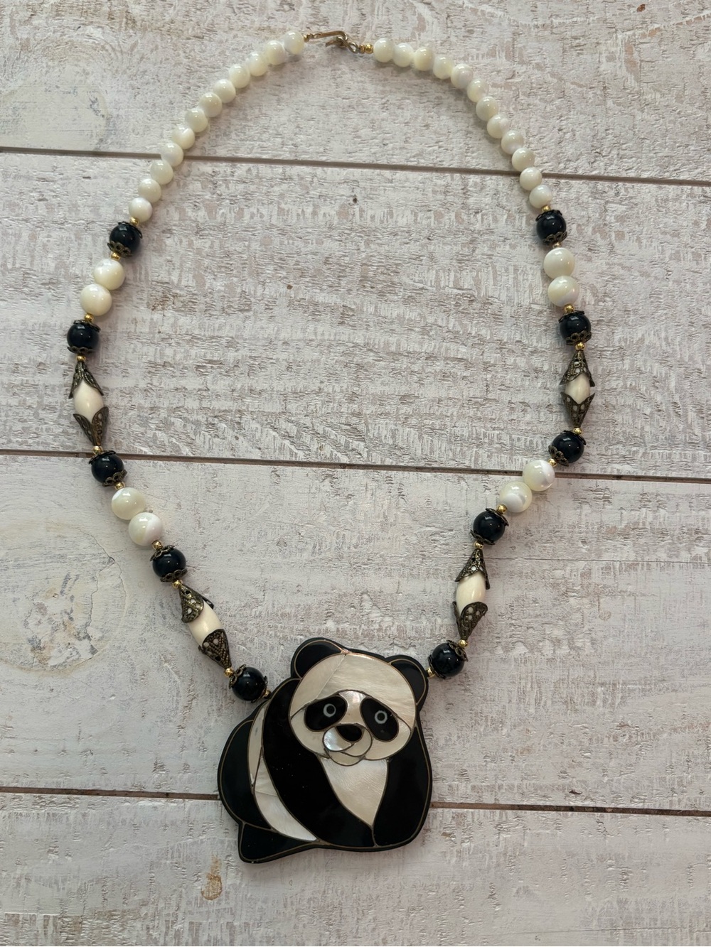Vintage Lee Sands Mother of Pearl Shell Inlay Panda Statement Necklace